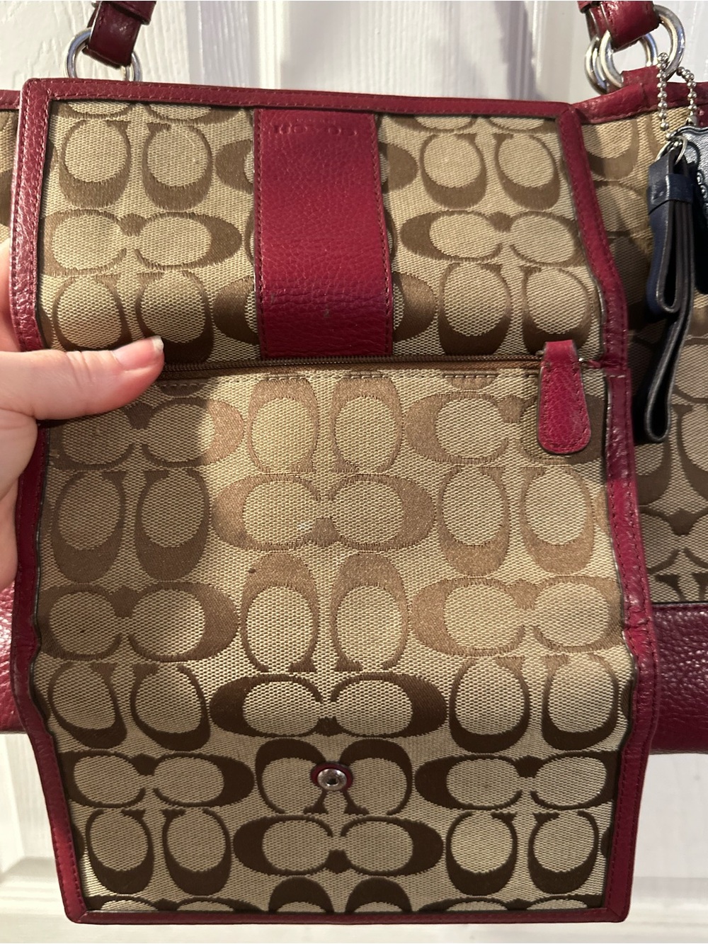 Coach Tan Signature Carrie Tote with Burgundy Leather Trim and Wallet - Picture 15 of 16